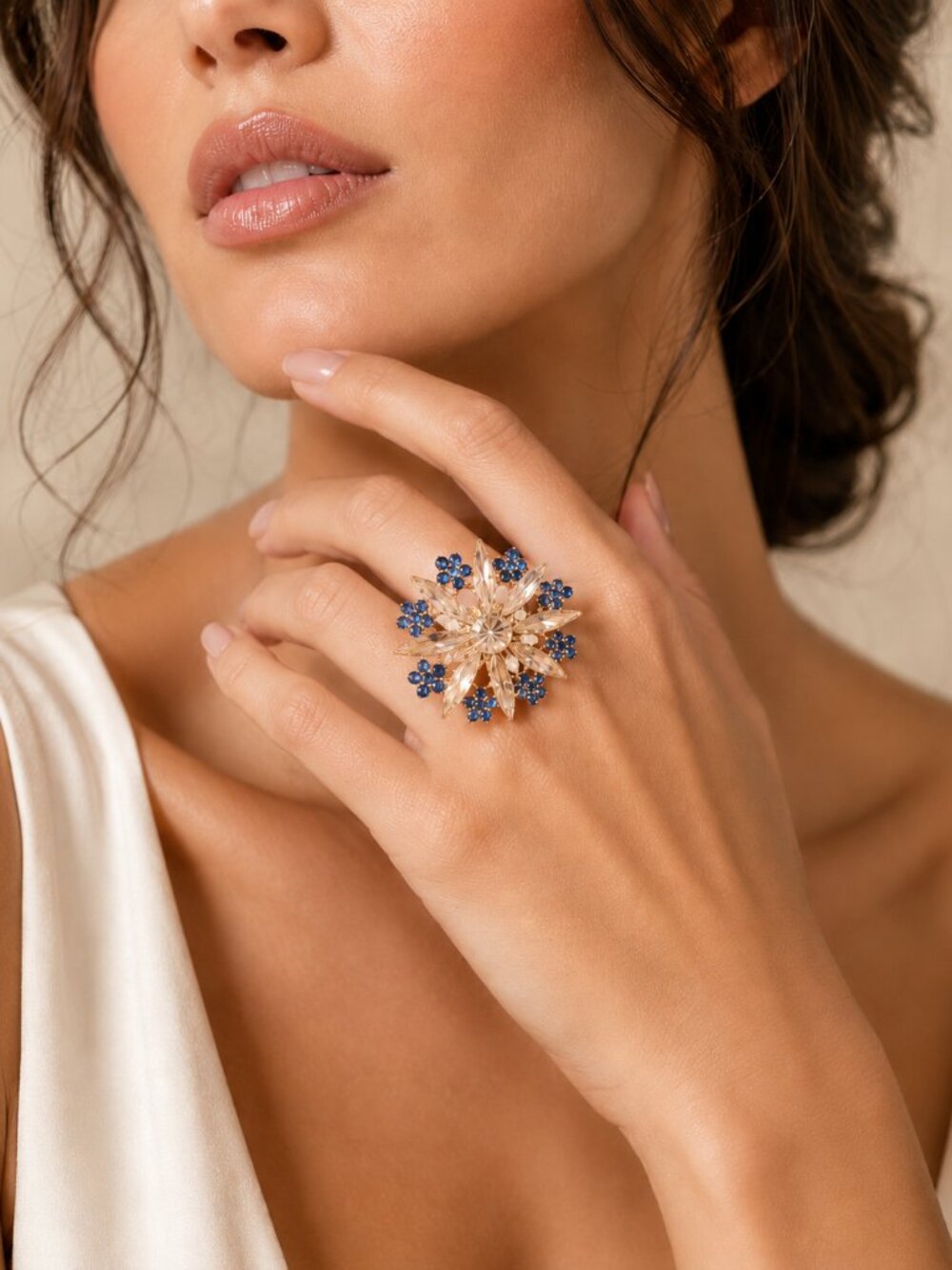Vintage Gold Tone Floral Star Adjustable Rhinestone Ring